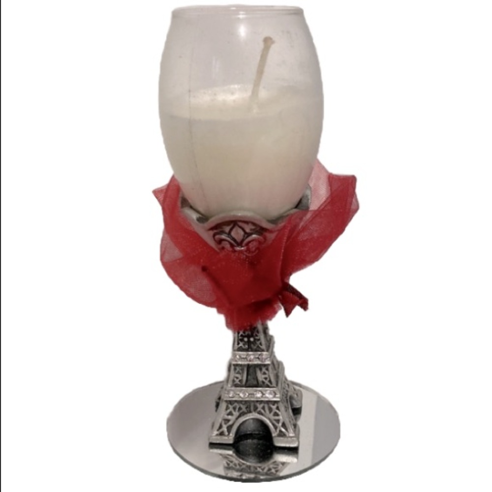 EIFFEL TOWER Wine Glass Candle Holder with Candle and Red Ribbon 4.5 inches